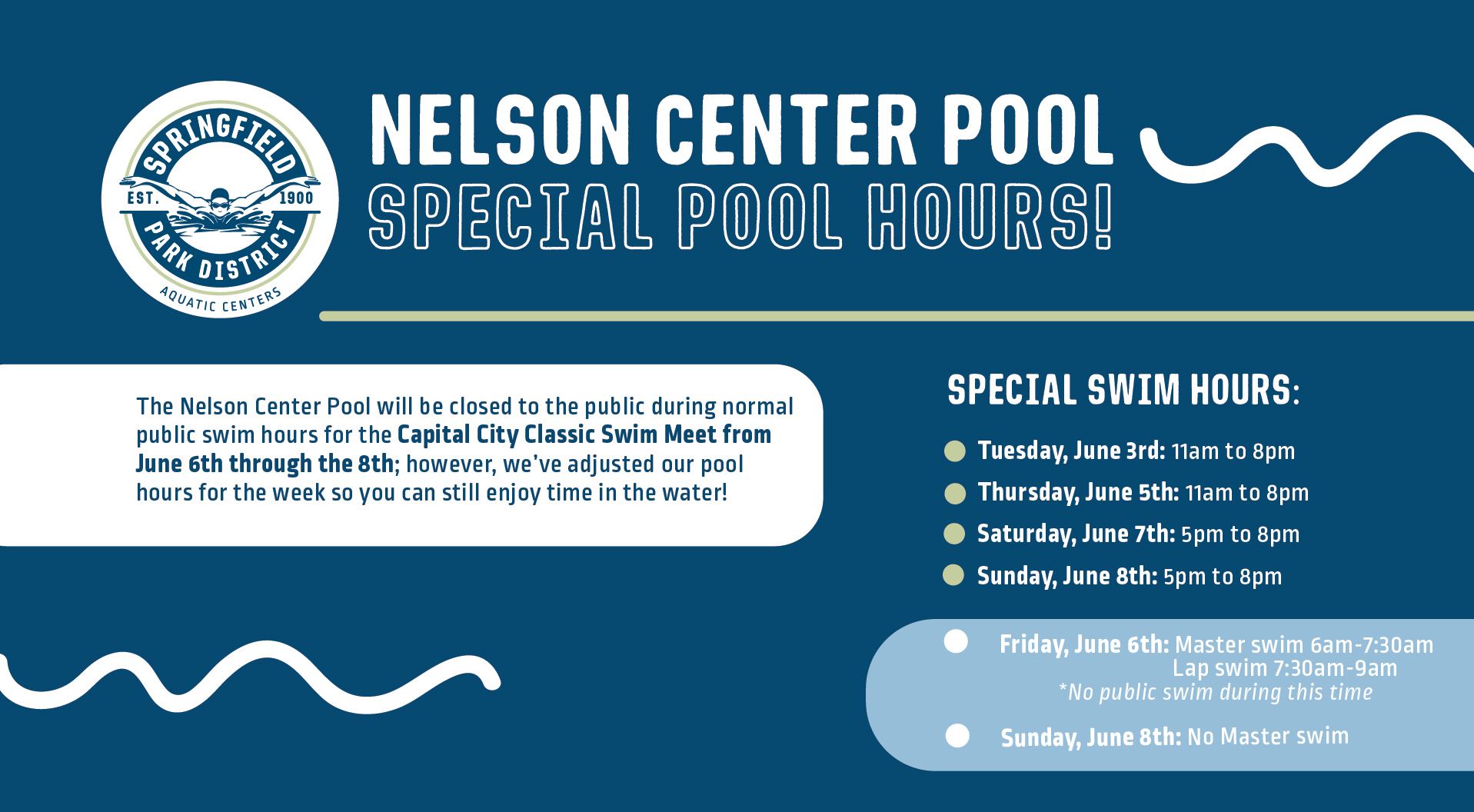 Upcoming Nelson Center Pool Swim Hours for June 3-8th